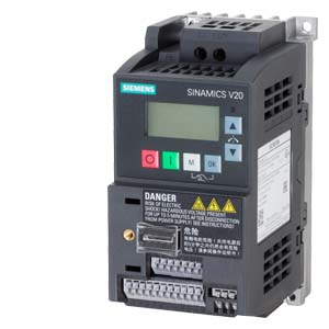 SINAMICS V20 200-240V 1AC -10/+10% 47-63Hz rated power 0.37 kW with 150% overload for 60 sec. unfiltered I/O: 4 DI, 2 DO,2 AI, 1 AQ fieldbus: USS/MODBUS RTU with built-in BOP protection: IP20/ UL open size: AA 68x142x108 (WxHxD)