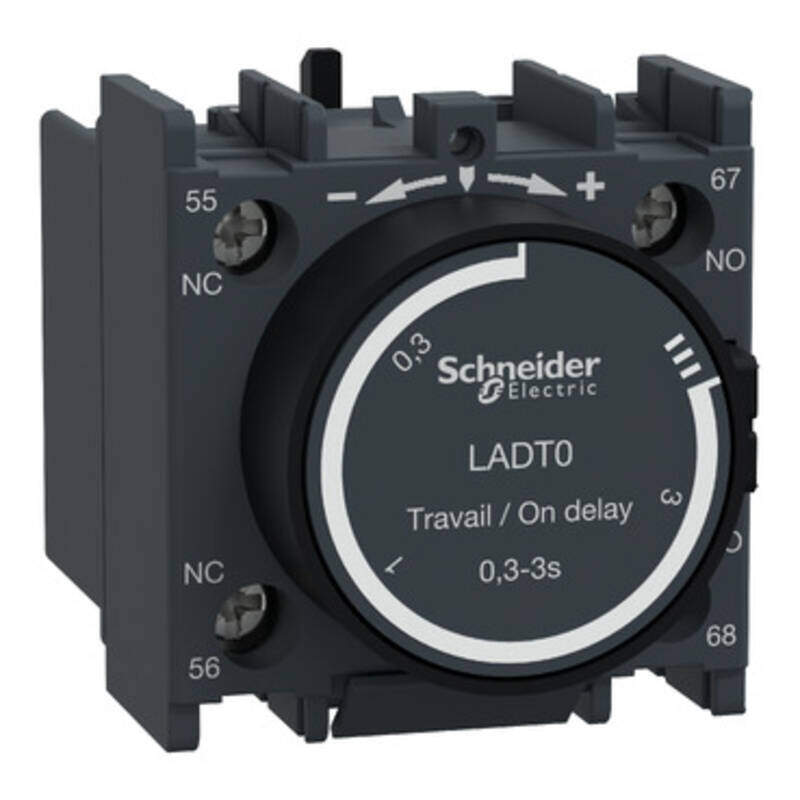 Time delay auxiliary contact block, TeSys Deca, 1NO + 1NC, on delay 0.3-3s, front, screw clamp terminals