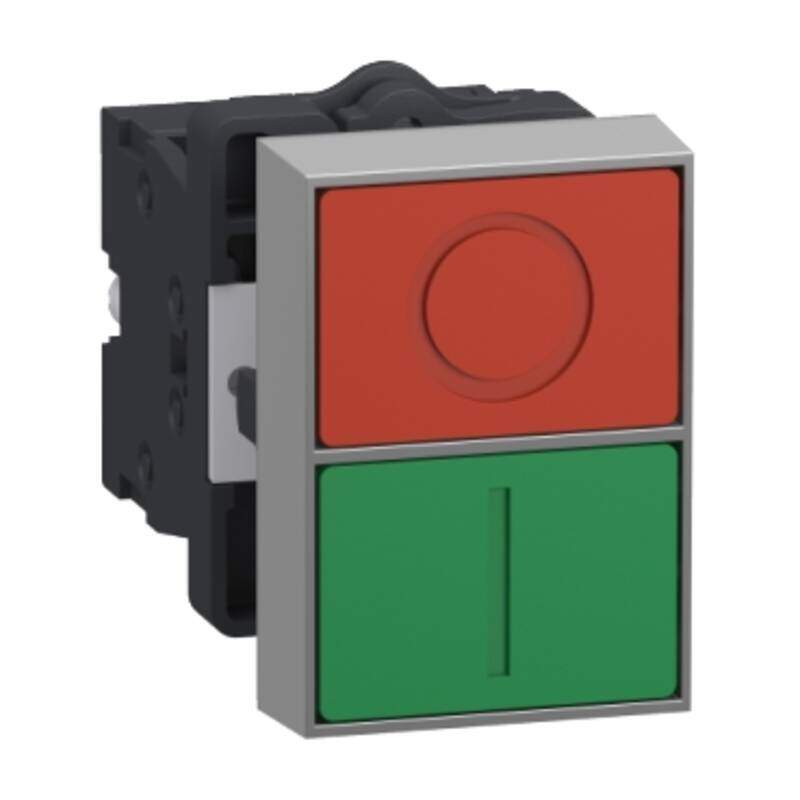 Double headed push button, Easy Harmony XA2, plastic, 22mm, 1 green flush marked I + 1 red flush marked O, 1NO + 1NC