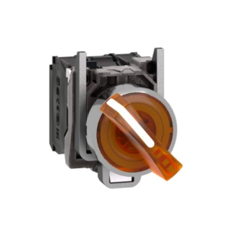 Illuminated selector switch, Harmony XB4, metal, orange handle, 22mm, universal LED, 2 positions, 1NO + 1NC, 230...240V AC