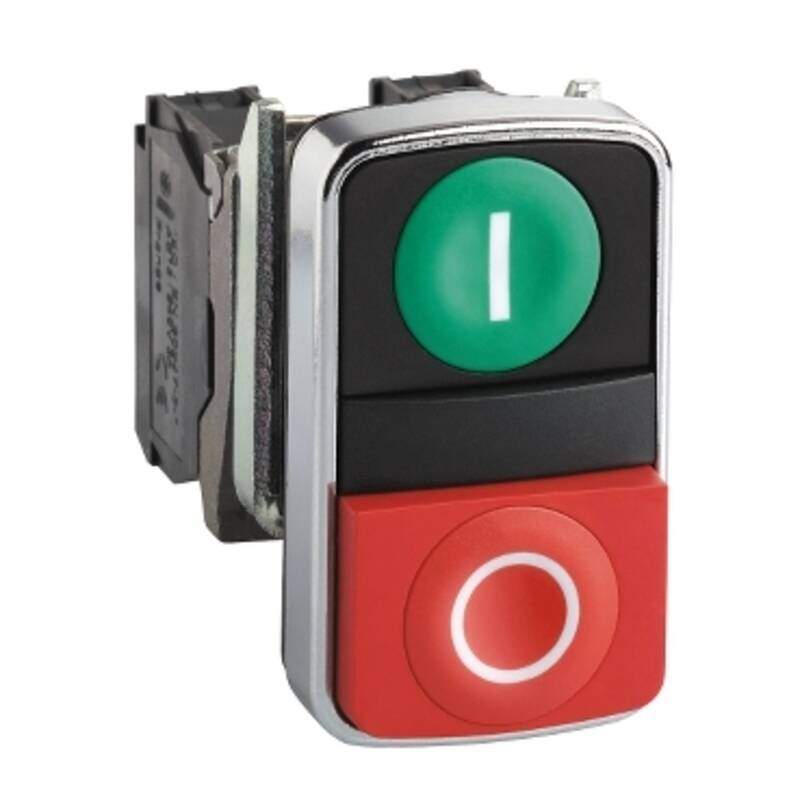 Double headed push button, Harmony XB4, metal, 22mm, 1 green flush marked I + 1 red projecting marked O, 1NO+1NC