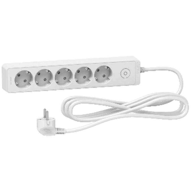 Trailing lead, Unica extend, 5 Schuko, swicthable, 3m cable, white